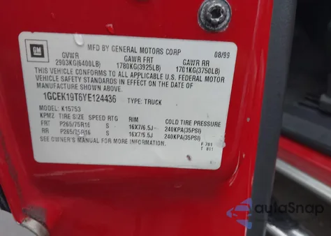 2000 Chevrolet Silverado 1500 Ls z USA, uszkodzony, nr VIN 1GCEK19T6YE124436